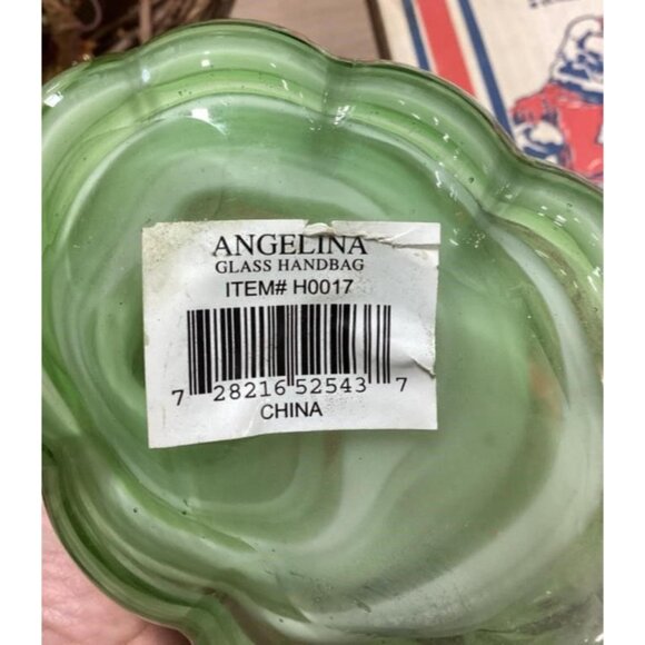 Block Crystal Art Glass Purse Vase Green & Cream Striped Design - Picture 5 of 5